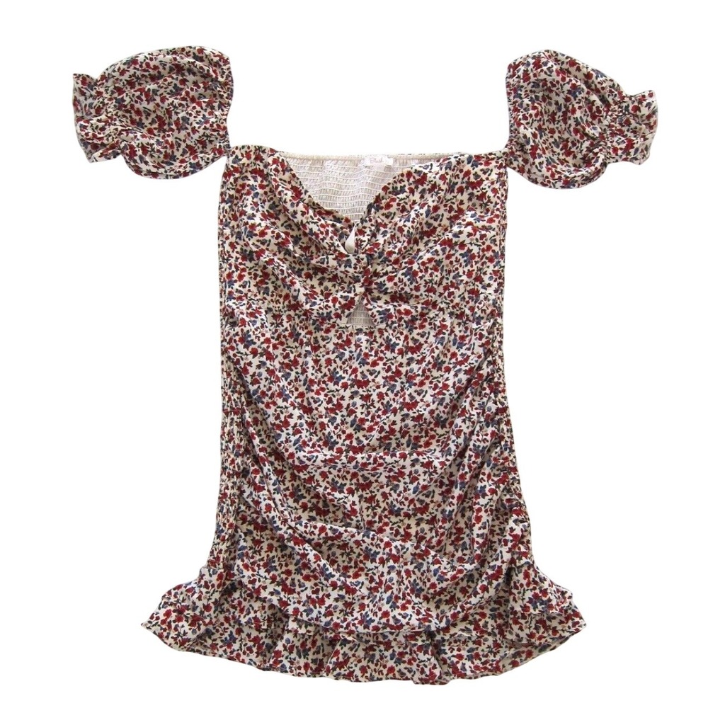 Blush BJ‎ Floral Print Off The Shoulder Ruched Mini Dress 3XL Smocked Cream Red